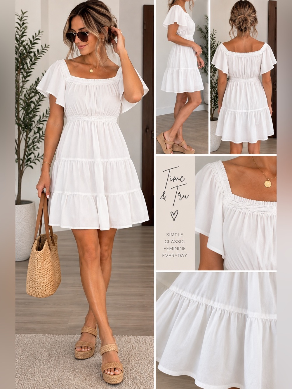 Time and Tru NWT White Tiered Flutter Sleeve Dress XS
